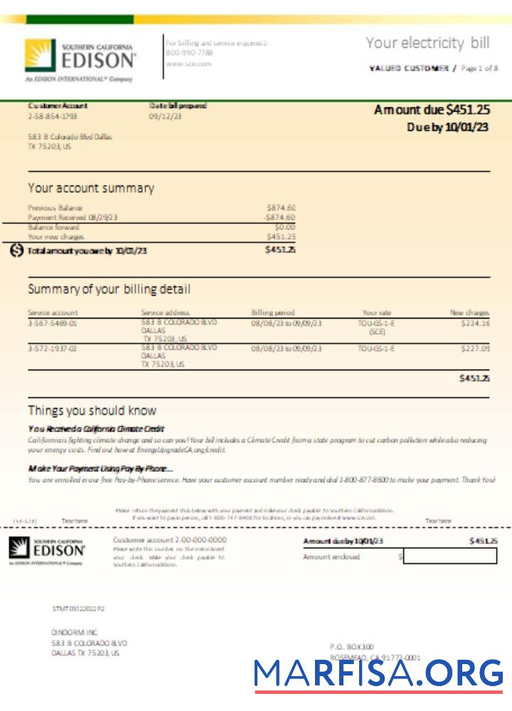 Blank Southern California EDISON utility business bill, page 1 SCR real example